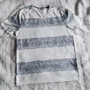 Old Navy White V-Neck Tee with Navy Waves